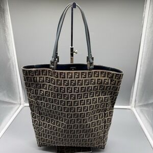 Fendi Zucca FF Monogram Tote Bag Blue Leather Trim Italy W/ COA & Dustbag Vtg